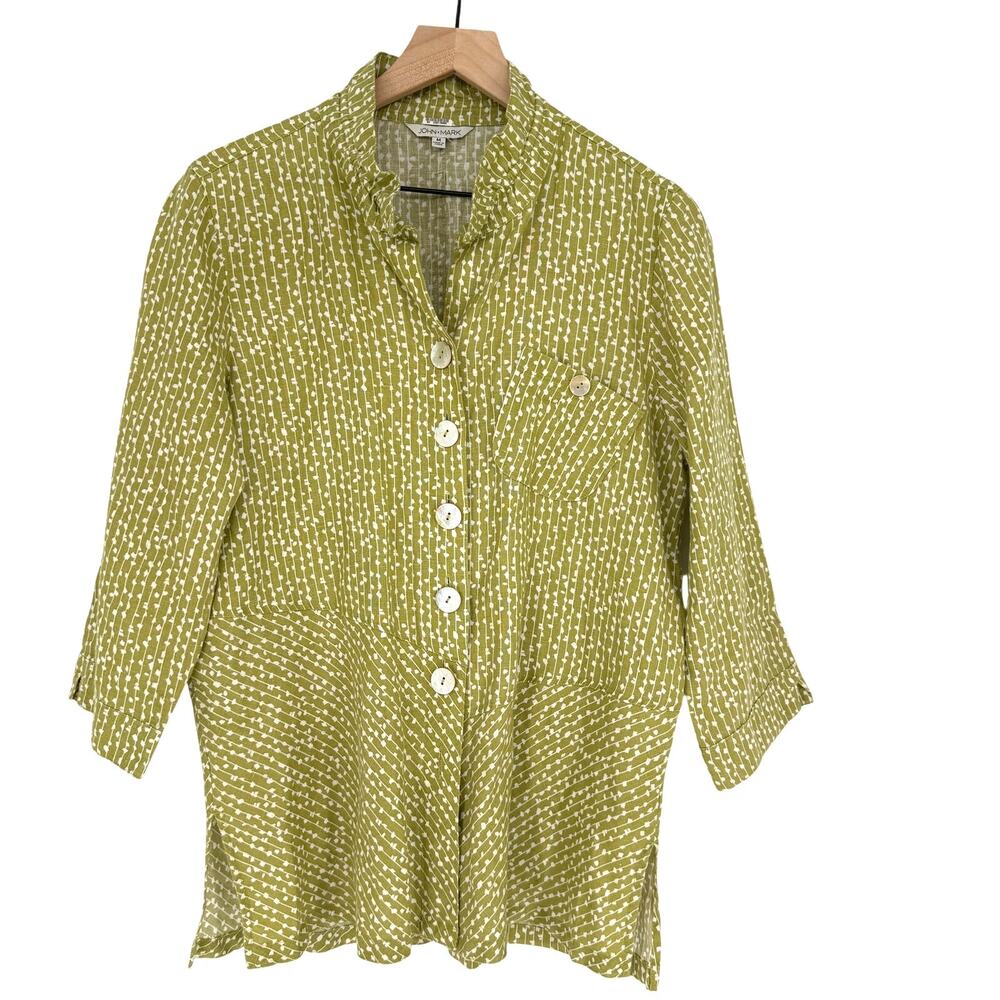 John Mark Modern Boho Linen Chic Button Down Shirt Green Tunic Lagenlook Top M